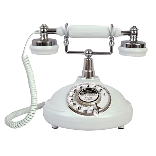 Retro Corded Landline Phone, TelPal White Classic Vintage Old Fashion Telephone for Home/Office/Hotel, Wired Antique Home Phone Gift for Seniors (Rotary Dial Button)