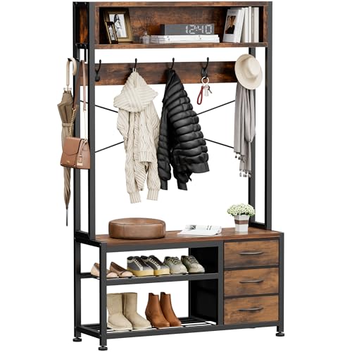 Lulive Hall Tree with Bench and Shoe Storage, 31.5" Coat Rack Freestanding with 2-Tier Storage Shelf, 6-in-1 Entryway Bench Coat Rack with 12 Hooks and 3 Drawers(Rustic Brown)