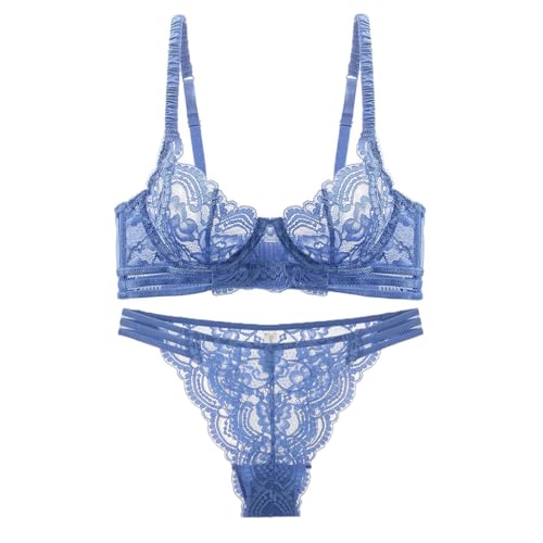 Guoeappa Women's Sexy Soft Lace Lingerie Set See Through Underwear Floral Lace Underwire Sheer Bra and Panty Set (Blue,36C)