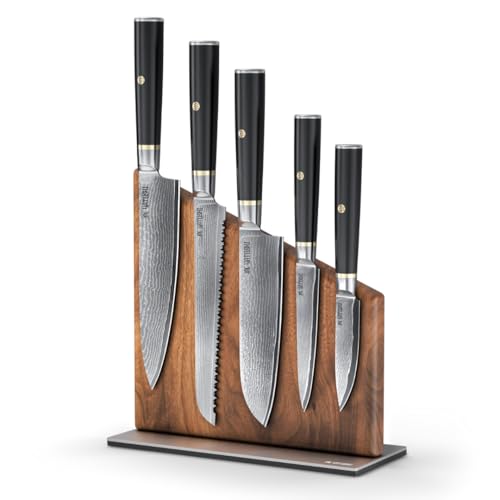 Yatoshi Magnetic Kitchen Knife Block Set 6 Pcs - Japanese 67 Layer High-Grade VG-10 Damascus Steel Knives, Sharp, G10 Handle Professional Kitchen Knife Set