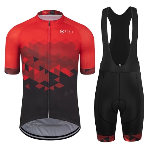 GCRFL Men's Cycling Jersey Set Road Bike Shorts Sleeves Jersey Zipper Pokcet Bib Shorts with Padded, Cycling Clothing kit Men (Red, XL)