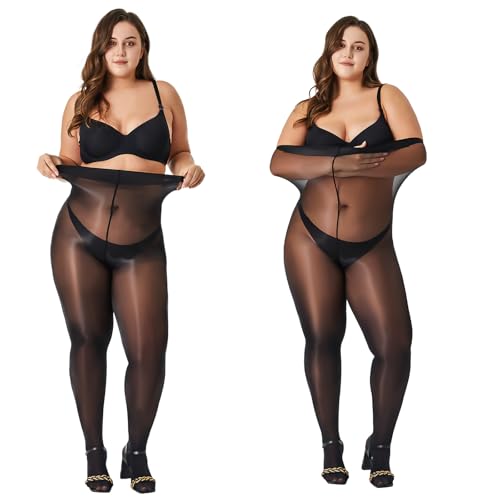 Aaronano 2 Pairs Women's Shiny Pantyhose Plus Size Oil Sheer Tights High Waist Shimmer Stockings（Black，XXXL-XXXXL）