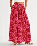 BTFBM Women Casual High Waist Wide Leg Pants Summer Floral Solid Long Palazzo Pants Lounge Beach Trousers with Pocket(Print Red, Large)