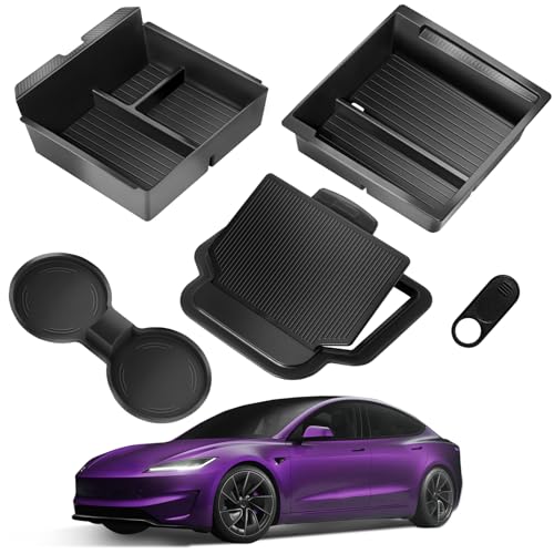 TSLDRV Center Console Organizer Tray for Tesla Model Y Juniper Accessories 2025 2026/For Tesla Model 3 Highland Accessories 2024 2025 2026 [Slide Smoothly/US Patent] Cup Holder Matte Black