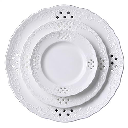 Dinnerware Plates Hollow Out Dessert Plate White Disc Home Kitchen Restaurant Coffee Shop Flat Plate Ceramic Fruit Plate Round Fruit Tray Smooth Dinner Plate(A)