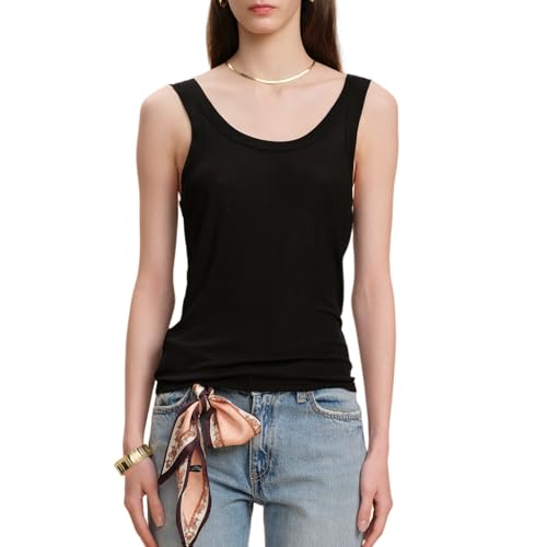 MOLISILK Womens Pure Mulberry Silk Tank Top Sleveless Crewneck Ribbed Slim Fit Tops Summer Casual Basic Cool Smooth Outfits Ladies Sexy Beach Party Business Fashion Dressy Cami Tshirt Shirts,Black,M