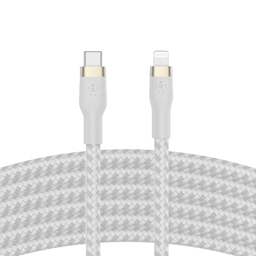 Belkin BoostCharge Pro Flex Braided USB Type C to Lightning Cable (3M/10ft), MFi Certified 20W Fast Charging PD Power Delivery for iPhone 14, 13, 12, 11, Pro, Max, Mini, SE, iPad - White