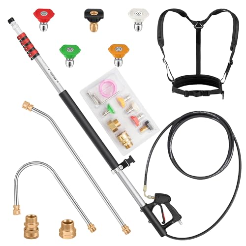 24 FT Gutter Cleaning Tools from The Ground - Telescoping Pressure Washer Wand - Gutter Cleaner Attachment with Power Washer Extension Wands, 5 Spray Nozzle Tips, 2 Hose Adapters and Support Belt