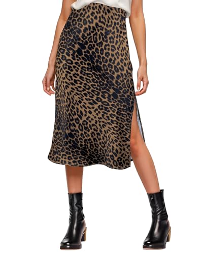 Amy Babe Womens Satin Silk High Waist Slit Midi Skirt Elastic Waistband Midi Skirts for Women Leopard Brown