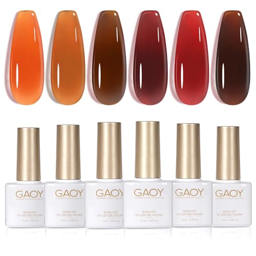 GAOY Jelly Brown Gel Nail Polish Set, 6 Transparent Colors Dark Red Orange Pumpkin Soak Off UV Light Cure Gel Polish Kit for Salon and Nail Art DIY at Home