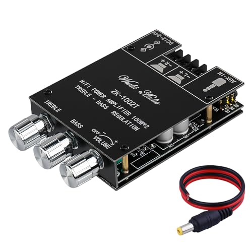 ARRAROWN ZK-1002T 2.0 Channel Bluetooth 5.0 Amplifier Board 200W HiFi Subwoofer Audio AMP with Treble and Bass Control BT and AUX Inputs, DC 12-24V 2.0 Channel Stereo AMP Module for DIY Speakers