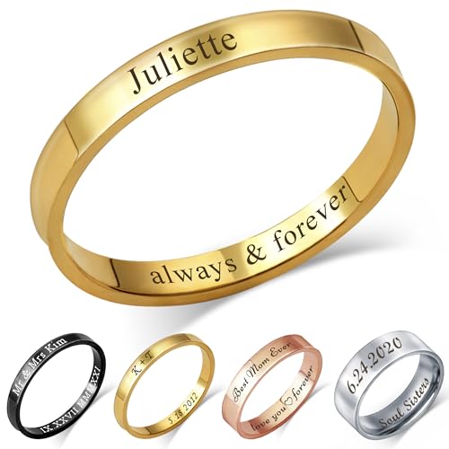 Anavia Personalized Name Date 2.5MM/4MM/7MM Stainless Steel Rings, Customized Message Dainty Plain Bands Glossy Gold Black Rings, Wedding Engagement Rings for Women Men (US 6, 2.5MM, Gold)