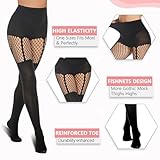 MANZI Faux Thigh High Tights Mock Suspender Pantyhose Striped Goth Fishnets Pack of 2 Suspender/Striped One Size