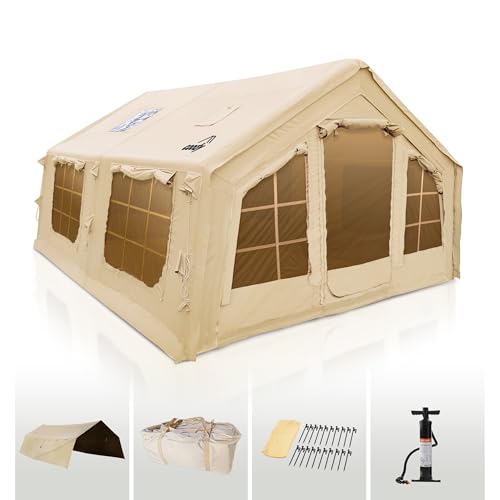Coody 13.68 | Rbm Outdoors Koala 5 Inflatable Tents for Camping with Stove Jack, 2-8 Person Luxury Canvas Blow Up Tent, 2 Room, Easy Setup Large Inflatable House with Pump (Begie, Medium)