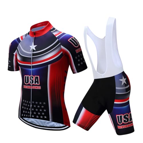 Summer USA Short Sleeve Men's Cycling Jersey Set Bike Shirt Padded Bib Shorts Suit Blue L