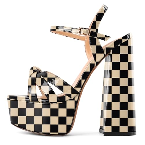Mettesally Womens Chunky Platform Heeled Sandals Open Toe High Block Heels Slingback Ankle Strap Pumps Heeled Fashion Shoes 6 Inches Checkered Beige US Size 12