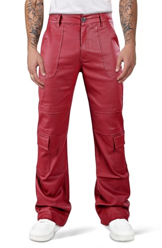 GINGTTO Mens Red Leather Flared Pants with Pockets 70s Stretchy Slim Fit Leather Jeans for Men 36
