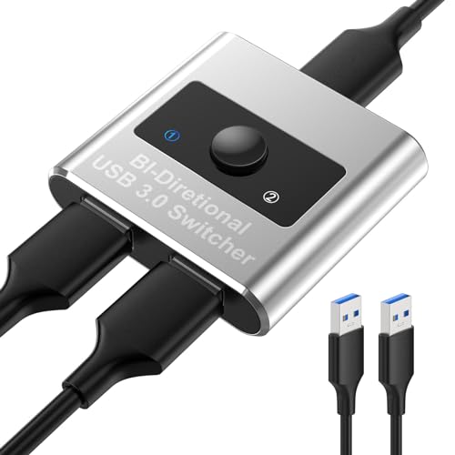 Aluminum USB 3.0 Switch, Bi-Directional 2 in 1 Out / 1 in 2 Out - Share 1 Device for Printer, Keyboard - Includes 2 USB 3.0 Cables (4.9ft)