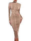 whoinshop Women's Cross Strap Ribbed Bandage Long Sleeve Midi Fall Winter Bodycon Party Dress (S, Khaki1)