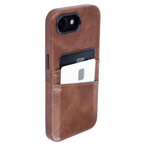 Dockem Card Case for iPhone 16e with Built-in Metal Plate for Magnetic Mounting & Wallet with 2 Holder Slots: M2 Exec Premium Synthetic Leather (Brown)