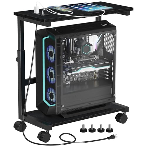 Snughome Computer Tower Stand with Charging Station, 25.0"-32.1" Height Adjustable PC Tower Stand for Floor, Mobile PC Holder with Locking Wheels Computer Cart for Home Office