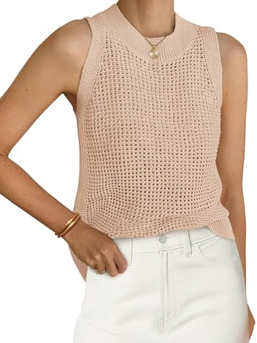 PRETTYGARDEN Summer Crochet Tank Tops for Women 2025 Casual Crewneck Hollow Out Loose Knit Sleeveless Sweater Vest Top Trendy(Apricot,Large)