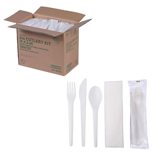 Eco-Products Compostable CPLA 6" Plastic Utensil Set, Wrapped Plantware Cutlery, Case of 250, White Disposable Knife, Fork, Spoon, and Napkin, Renewable Material Made from Plants, Sturdy and Strong