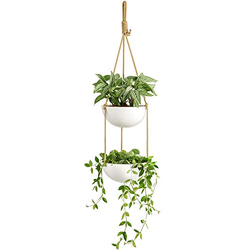 Mkono 9 Inch Ceramic Double Hanging Planter 2 Tier Round Flower Plant Pot Porcelain Hanging Basket with Polyester Rope Hanger for Indoor Outdoor Plants Modern Vertical Plant Garden, White