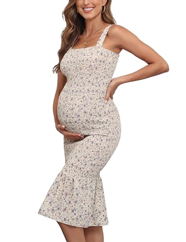 Summer Tank Maternity Dress Sleeveless Strappy Floral Midi Bodycon Square Neck Ruffle Mermaid Smocked Dress for Baby Shower Light Yellow S
