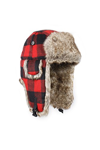 Mad Bomber Red Black Brown Plaid Wool Pilot Aviator Hat Faux Fur Trapper Hunting Cap, Large