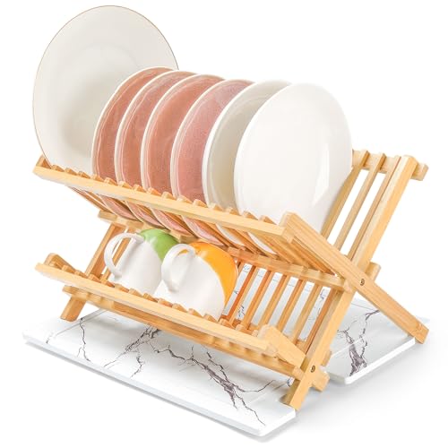 Mospten Bamboo Dish Drying Rack with Stone Drying Mat, Quick Drying & 2-Tier Rack Design, Dish Plate Drying Rack for Kitchen Counter, 17'' x 13'' x 9.5''