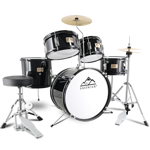 EASTROCK Kids Drum Set, 5-Piece 16 Inches Junior Drum Sets for Kids, Drummer, Beginner Youth Drumset for 7-12 Years Old with Throne,Cymbal,Pedal,Drumsticks (Black)