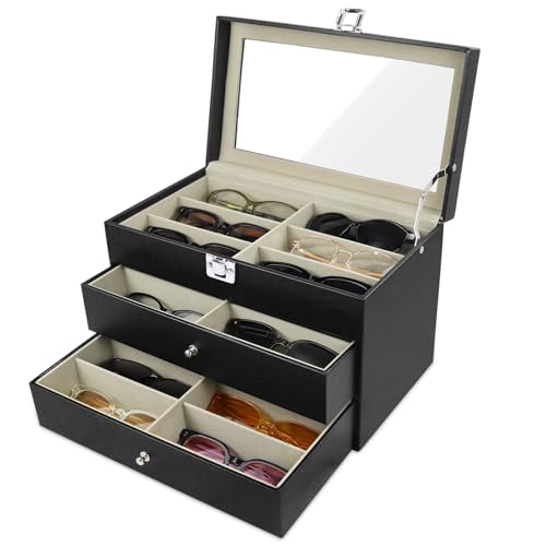 GRTCZYSL Sunglasses Organizer 18 Slots, Multiple Pairs Glasses Storage Case Leather Eyeglasses Display Box for Women Men -Black