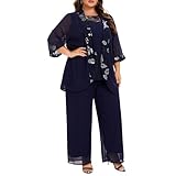 Women's Plus Size Wedding Pant Suits 3 Piece Chiffon Party Outfit for Mother of The Groom Bride Evening Gowns Blue