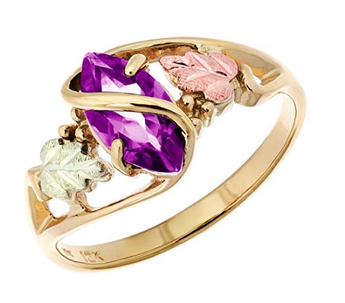 Amethyst Marquise Petite Leaf Ring, 10k Yellow Gold, 12k Green and Rose Gold Black Hills Gold Motif, Size 5