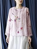 LUZU JUNU Mori Girl Summer Linen Shirt Elegant Retro Chinese Frog Button Cute Floral Tunic Tops Blouse (as1, Alpha, one_Size, Regular, Regular, Floral)