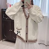 FindThy Women’s Kawaii JK School Uniform Cardigans Long Sleeve Button Up Cardigan with Pinned Bowknot(1786-Khaki-OneSize-LB)