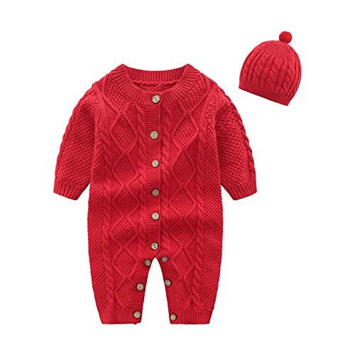 Baby Newborn Boy Knitted Sweater Romper Cotton Longsleeve Outfit with Kids Winter Warm Hats Set（Red 0-3M