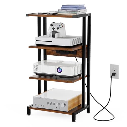 X-cosrack 4-Tier AV Media Stand with Power Strips, Wooden Corner Shelf Component Cabinet Stereo Audio Rack Stand Tower Perfect for DVD Players:Game Console:TV Box:Cable Box:Xbox:WiFi Router