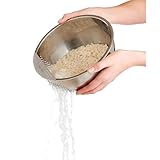 Helen's Asian Kitchen Professional Rice Washing Bowl – Stainless Steel Rice Rinser Strainer with Side Drainer, 3-Quart Capacity. Ideal for Quinoa, Rice, Grains, Legumes, Vegetables. Kitchen Essential