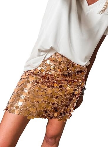 miduo Womens New Year Eve Sequin Skirt Sparkle Shimmer Stretchy Bodycon Mini Skirts Christmas Gold M