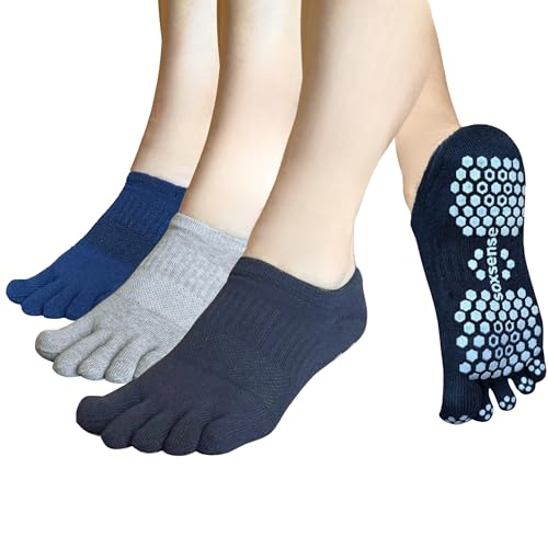 Soxsense Pilates Grip Toe Socks for Women & Men, Cushioned Low-Cut Five Finger Socks Non Slip for Yoga, Barre, Gym (US, Alpha, Medium, Regular, Regular, Navy/Grey/Black)