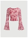 GORGLITTER Women's Bell Long Sleeve Floral Print Mesh Crop Top Bow Lettuce Trim Tee Shirt Blouse Pink Small