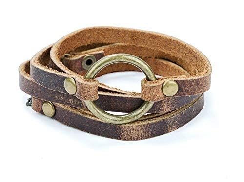 SPUNKYsoul 5 Wrap Leather Circle Bracelet - Adjustable Boho-Inspired Leather Bracelet for Women, Unique Distressed Jewelry with Symbolic Circle, Ideal for Everyday Wear & Gifting (Women's Brown)