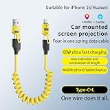 LSGAE 4 in 1 Spring Fast Charging Cable (2Pack), 65W USB-C PD Multi Fast Charging Cable, 1.2m/4ft Coiled Retractable Charging Cable for iPhone Samsung Laptop Multi Device Charging -Yellow+Green