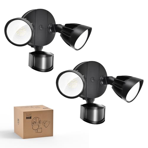 Philips 44W 4200 lm LED Security Light Outdoor w/PIR Motion Sensor, 5000K Daylight Flood Light, Waterproof, Dusk to Dawn, 2 Heads, 4 Modes(2 Packs)