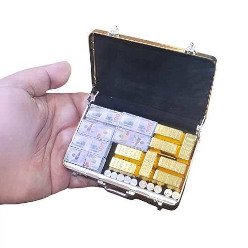 1:6 Scale Miniature Golden Briefcase Set - Includes 8 Fake Gold Bars, 12 Bundles of $100 Mini Dollar Bills, and 10 Vintage Coins - Unique Adult NoveltyToy & Dollhouse Accessories