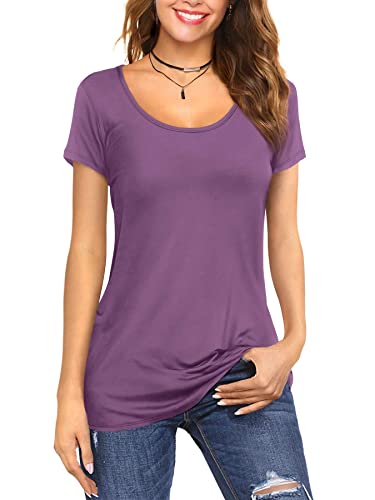 Amoretu Womens Summer Shirt Scoop Neck Cap Sleeve Tshirts Tunic Tops (Plum, XXL)