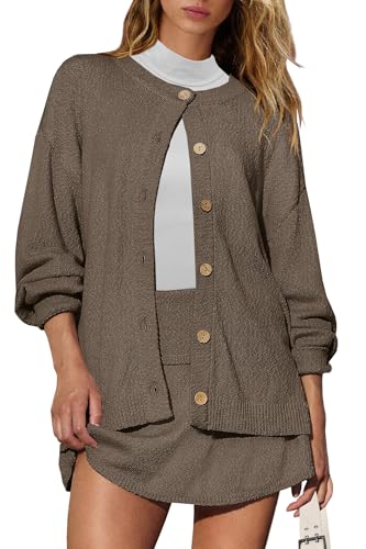 Panadila Womens Sweater Skirt Set 2 Piece Outfits Sweater Skort Set Lounge Cardigan and Knit Skirt Matching Outfits(Coffee,M)