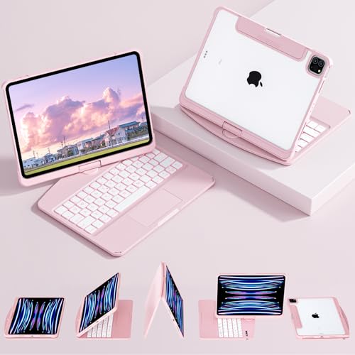 Lecsas Keyboard Case for iPad Air 13-inch (M2, 2024), Cyberpunk Clear Design, 360° Rotatable Trackpad, 7-Color Backlit Keyboard, Compatible with iPad Pro 12.9-inch (3rd/4th/5th/6th Gen) - Pink